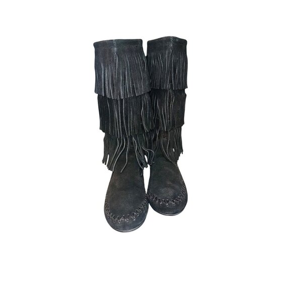 NWT Three Layer Suede Fringe Black Makalu Moccasin Indian Boots Comfort Women 7 - Picture 3 of 13